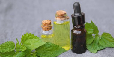 Küçük bir kavanozda ısırgan otu özü. Seçici odaklanma. Doğa.