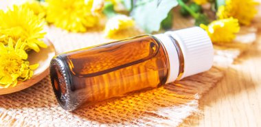 Küçük bir şişede Celandine karahindiba özü, tedavi, ilaç, tentür. Seçici odaklanma. Doğa