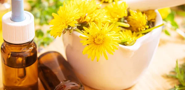 Celandine Dandelion Extract Littel Bottle Treatment Medicine Tincture Selective Focus — Stock Photo, Image