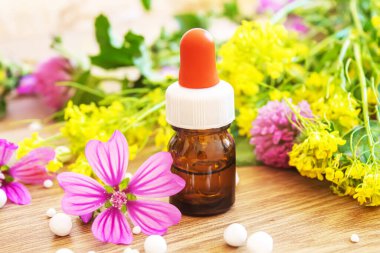 Şifalı bitkiler, küçük şişelerdeki yağlar homeopati. Seçici odaklanma. Doğa