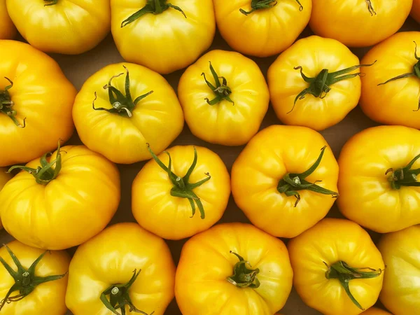 red and yellow tomatoes in boxes at the farmers market.selective focus.nature