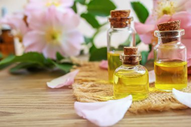 Rosehip özütü şişelerde. Homeopati. Seçici odaklanma doğası