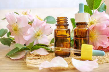Rosehip özütü şişelerde. Homeopati. Seçici odaklanma doğası