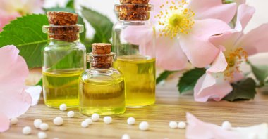 Rosehip özütü şişelerde. Homeopati. Seçici odaklanma doğası