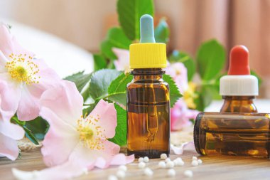 Rosehip özütü şişelerde. Homeopati. Seçici odaklanma doğası