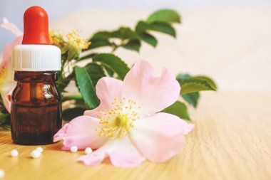 Rosehip özütü şişelerde. Homeopati. Seçici odaklanma doğası