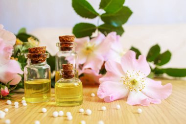 Rosehip özütü şişelerde. Homeopati. Seçici odaklanma doğası