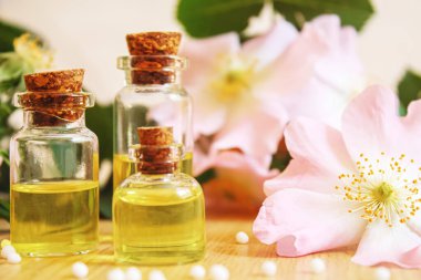 Rosehip özütü şişelerde. Homeopati. Seçici odaklanma doğası
