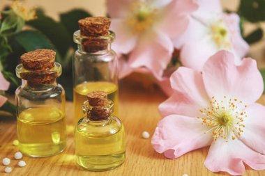 Rosehip özütü şişelerde. Homeopati. Seçici odaklanma doğası