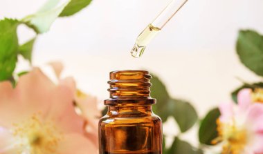 Rosehip özütü şişelerde. Homeopati. Seçici odaklanma doğası