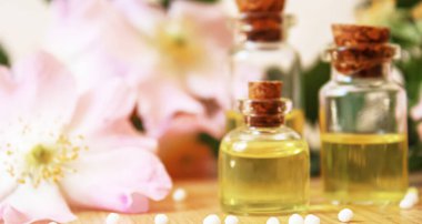 Rosehip özütü şişelerde. Homeopati. Seçici odaklanma doğası