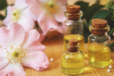 Rosehip özütü şişelerde. Homeopati. Seçici odaklanma doğası