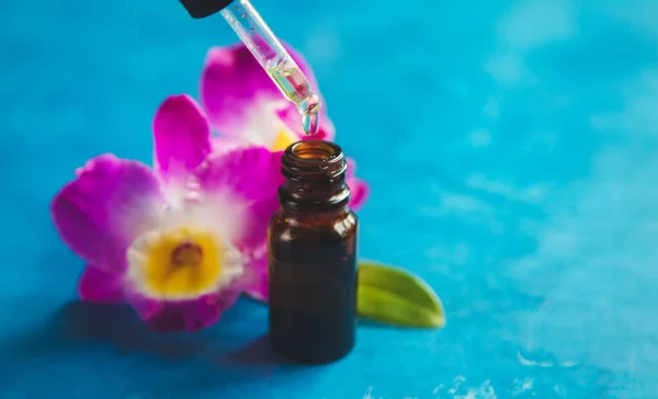 Flowers and plant extracts in small bottles. Selective focus.nature