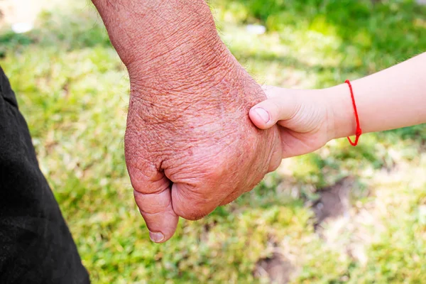 子供の手を握ってる老人 選択的焦点を当て — ストック写真