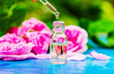 Küçük bir şişede çay gülü yağı. Seçici odaklanma. Doğa
