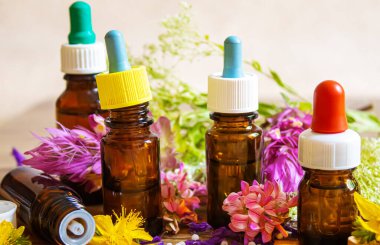 Şifalı bitkiler, küçük şişelerdeki yağlar homeopati. seçici odak.