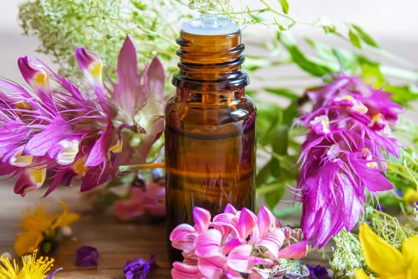 Medicinal herbs, oils in small bottles homeopathy. selective focus. — Stock Photo, Image