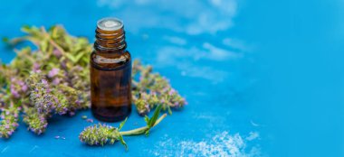 Thyme essential oil in a small bottle. selective focus .nature