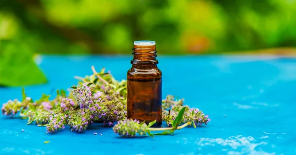 Ätherisches Thymianöl Einer Kleinen Flasche Selektiver Fokus Auf Die Natur — Stockfoto