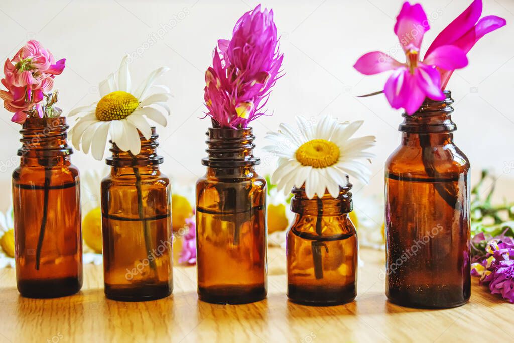 Medicinal herbs in bottles. chamomile oil extract. Selective focus. Nature.