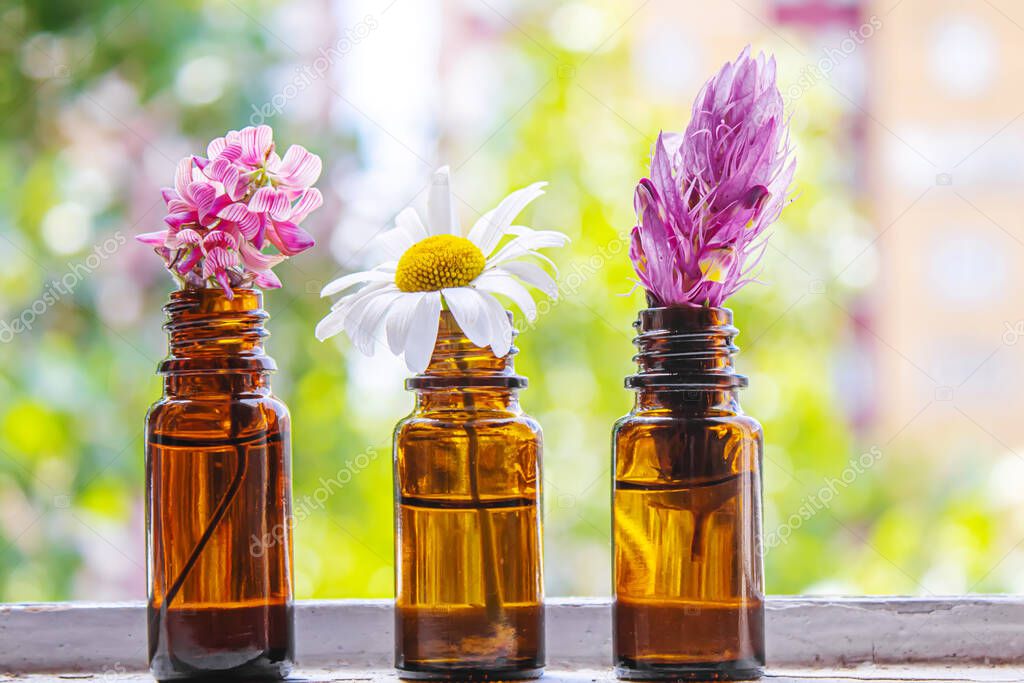 Medicinal herbs in bottles. chamomile oil extract. Selective focus. Nature.