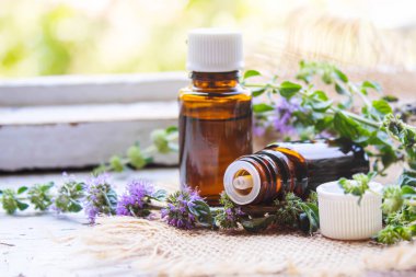 Thyme essential oil in a small bottle. selective focus .nature