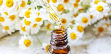 Şişedeki şifalı bitkiler. Papatya yağı özü. Seçici odaklanma. Doğa.