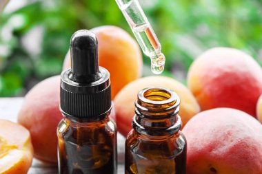 Şişedeki kayısı çekirdeği yağı. Seçici odaklanma. Doğa.