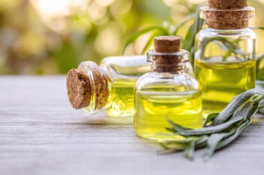 Şişe içinde tarhun yağı. Seçici odaklanma. Doğa.