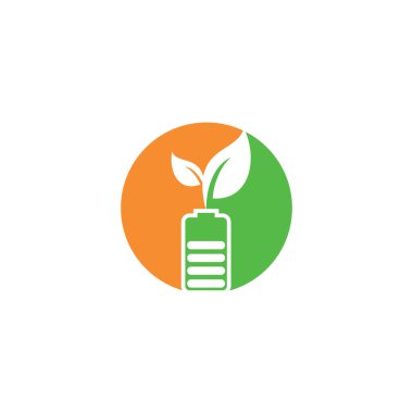 Pil vektör logosu dizaynını bırakır. Pil ve yaprak simgesi doğal enerji sembolü logo şablonu