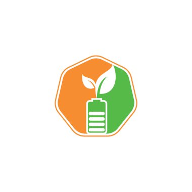 Pil vektör logosu dizaynını bırakır. Pil ve yaprak simgesi doğal enerji sembolü logo şablonu