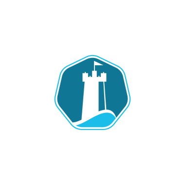 Castle Wave Logo Vektör Simgesi İllüstrasyonu. Basit kale ve okyanus dalgası logosu