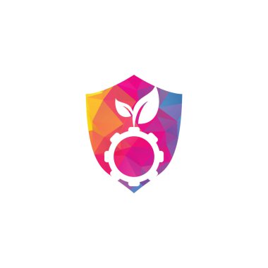 Vites yaprağı kalkanı konsept vektör logosu tasarımı. Yeşil eko enerji, teknoloji ve sanayi.