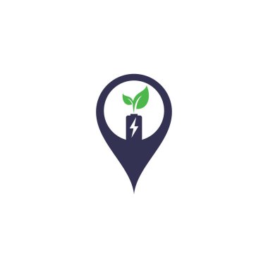 Batarya harita iğne şeklindeki konsept logo tasarımını bırakır. Pil ve yaprak simgesi doğal enerji sembolü logo şablonu