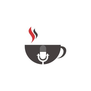 Kahve podcast logosu tasarım şablonu, mikrofon klasiği ve kahve fincanı vektörü