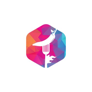 Çatal logolu acı biber tasarımı. Baharatlı yemek, restoran menüsü için uygun biber ve çatal logo şablonu.