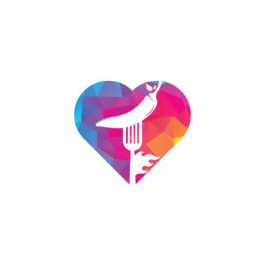 Çatallı acı biber kalp şekli logo tasarımı. Baharatlı yemek, restoran menüsü için uygun biber ve çatal logo şablonu.