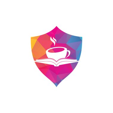 Kahve kitabı kalkanı şekilli konsept vektör logosu tasarımı. Çay Kitabı Deposu Simgesi Logosu.
