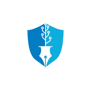 Teknik Kalem Kalkanı şekilli logo tasarımı. Teknoloji ağacı logosunun şablonuna sahip teknisyen kalem.