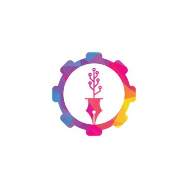 Teknik kalem dişli konsept logosu. Teknoloji ağacı logosunun şablonuna sahip teknisyen kalem.