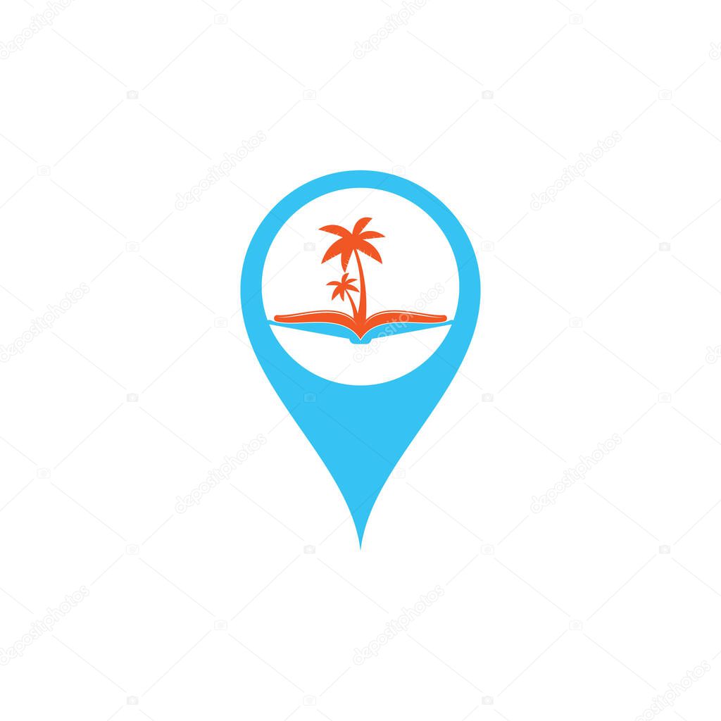 Book and palm tree map pin shape concept logo design template. Book with palm tree logo design symbol vector template