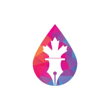 Kalem ve kırmızı akçaağaç yaprağı damla şekli logo vektörü. Eğitim Logosu