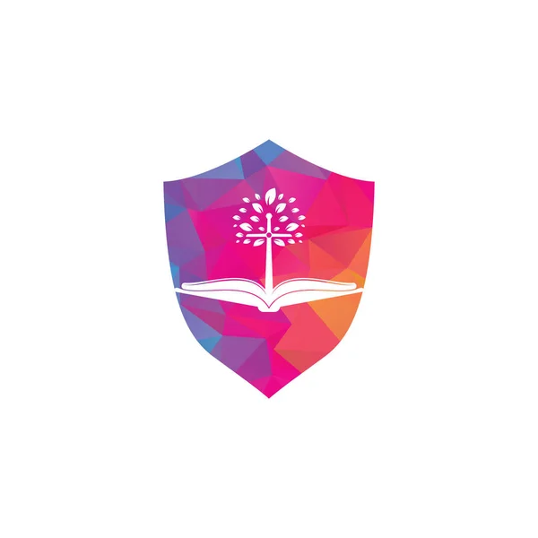 Biblia Iglesia Árbol Escudo Forma Concepto Logo Diseño Biblia Cruz — Archivo Imágenes Vectoriales