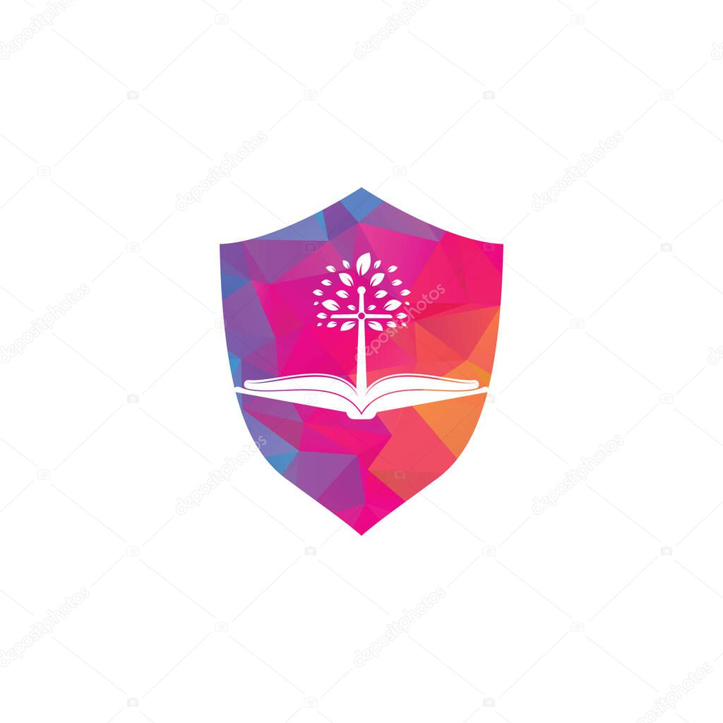 Bible church tree shield shape concept logo design. Bible Cross Tree Church Logo Design