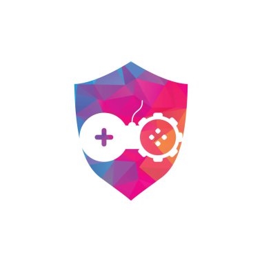 Vites oyunu kalkanı şekilli konsept logo tasarımı. Gear logo şablon vektörüyle oyun. Joystick tasarım simgesi