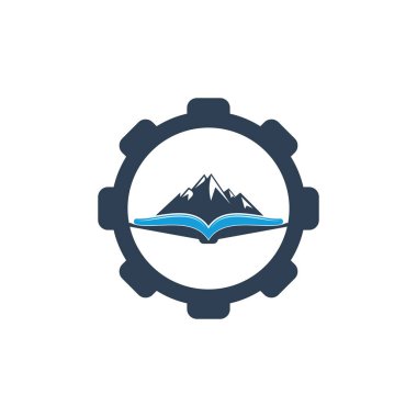 Dağ kitap vitesi şekilli konsept vektör logosu tasarımı. Doğa ve kitapçı sembolü veya simgesi