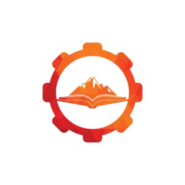 Dağ kitap vitesi şekilli konsept vektör logosu tasarımı. Doğa ve kitapçı sembolü veya simgesi