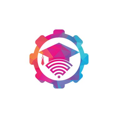 Wifi eğitim teçhizatı konsept logo tasarım şablonu. Mezuniyet şapkası ve wifi vektör logosu tasarımı. Çevrimiçi logo kavramı çalış