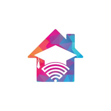 Wifi Eğitim Evde Şekil Konsept Logosu Şablonu. Mezuniyet şapkası ve wifi vektör logosu tasarımı. Çevrimiçi logo kavramı çalış