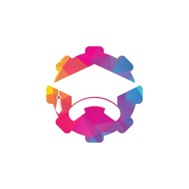 Education Call dişli konsept vektör logosu tasarım şablonu. Mezuniyet başlığı ve cep telefonu simgesi simgesi